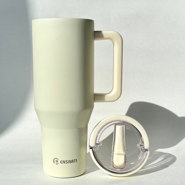 40 OZ Stainless Steel Tumbler  100% Leak Proof  With Top Handle & Flip Straw - Cream